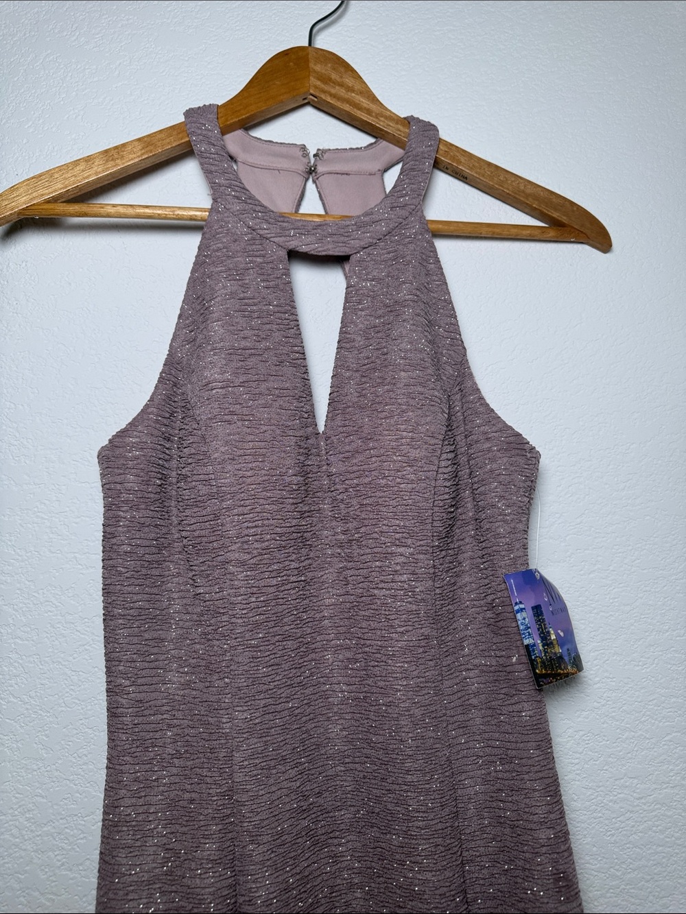 Night Way Collections Rose-Mauve Shimmer Halter Maxi Dress - Picture 8 of 14